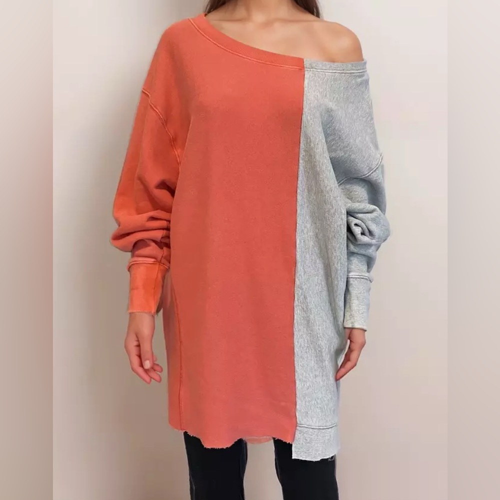Free People Sweater Women Sz S Grey Pink Colorblock Asymmetrical Oversized